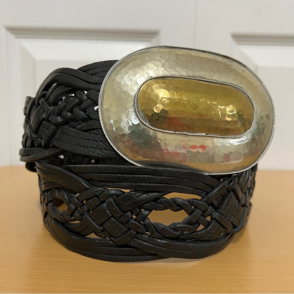 Chico’s Wide Braided Black Leather Belt w/ Large Silver & Brass Metal Buckle S/M - Picture 7 of 15